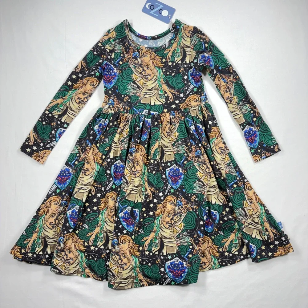 Cozco Girls Zelda Link Bamboo Viscose Long Sleeve Twirl Dress 3T New Fantasy